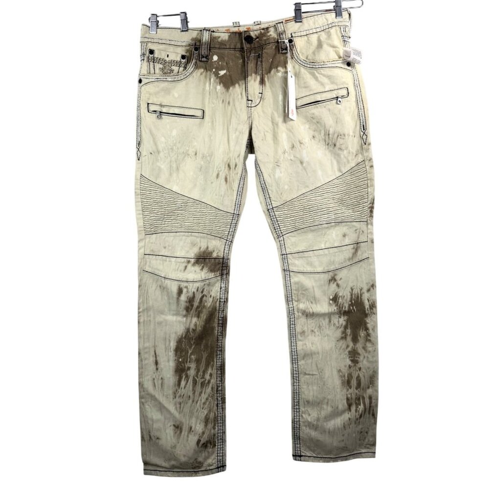 Rock Revivial Callan Biker straight leg jeans Cream distressed embroidered sz 40
